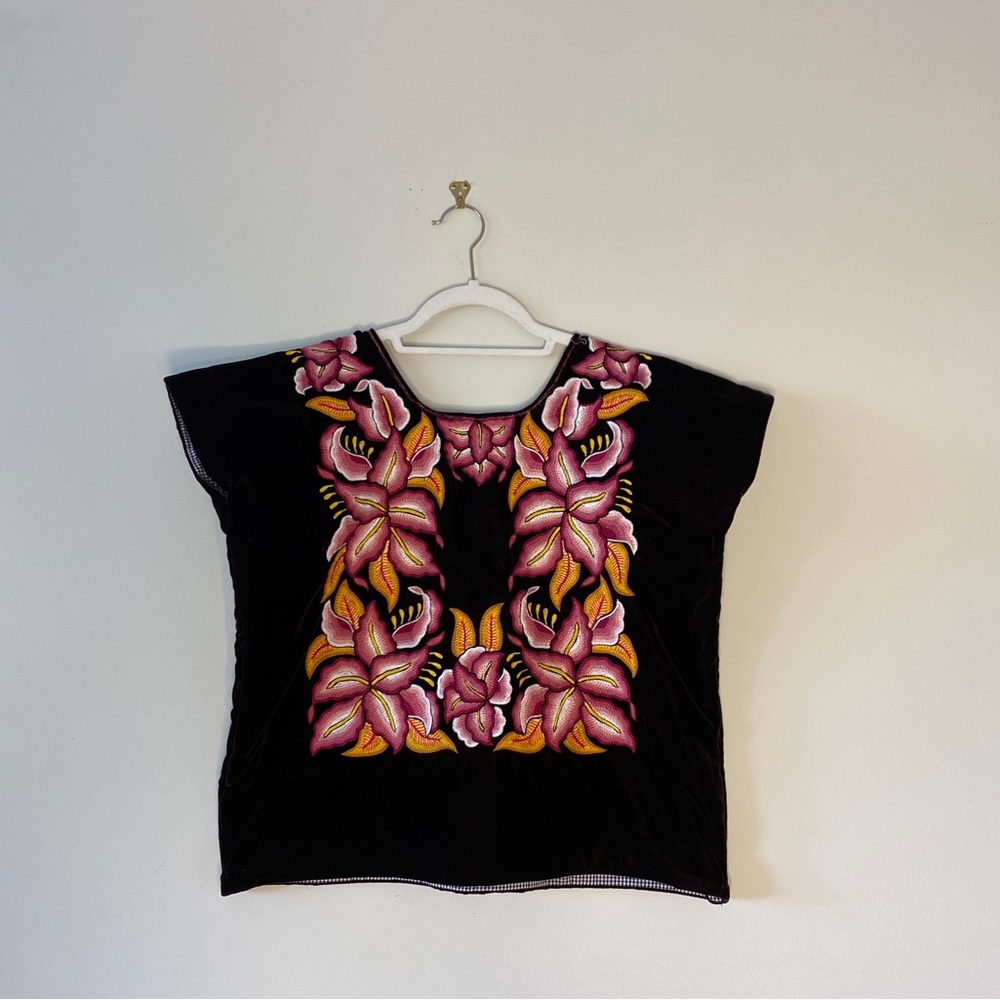 Dark Brown and Pink Floral Embroidered Vintage Velvet Mexican Blouse